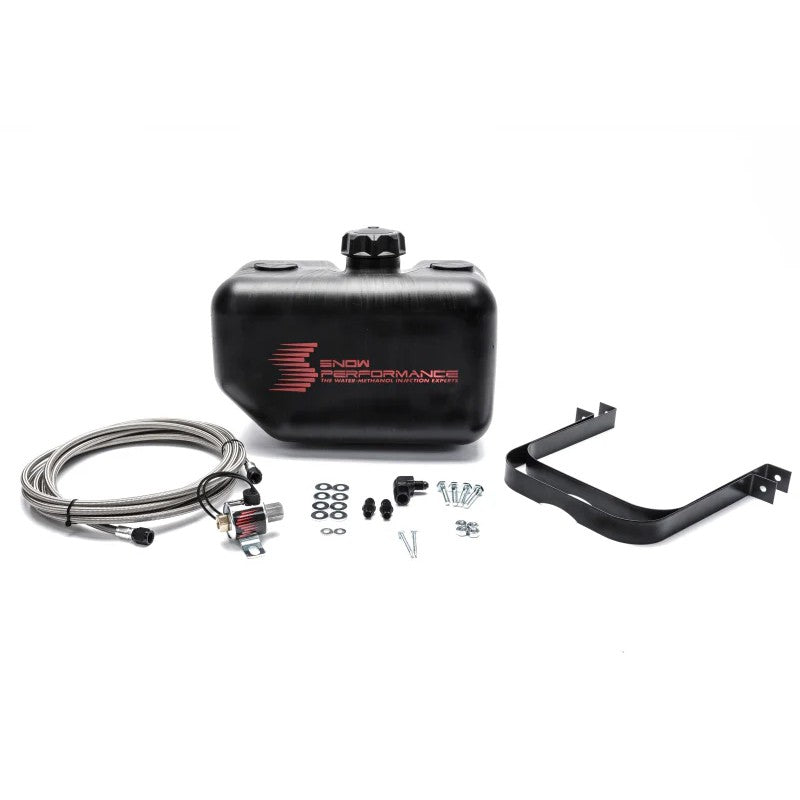 Snow Performance 2.5 gallon water-methanol reservoir with braided stainless steel line, solenoid, and mounting bracket.