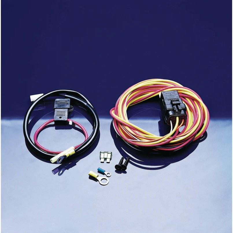 SPAL FRH electric cooling fan wiring harness kit with heavy-duty relay and integrated fuse holder.