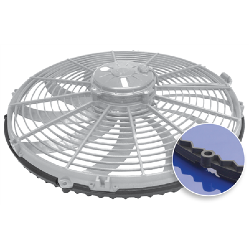 Black SPAL VA18 series electric fan shroud gasket for radiator sealing