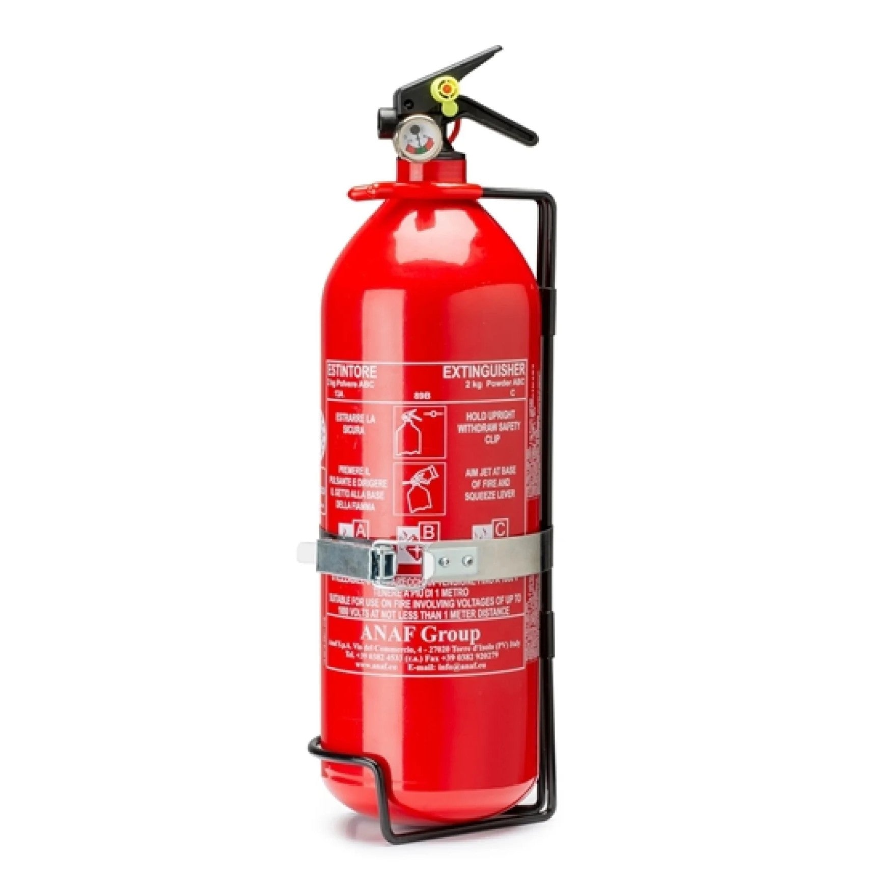 Sparco 2-liter handheld fire extinguisher featuring a red steel cylinder with safety pin and discharge nozzle.