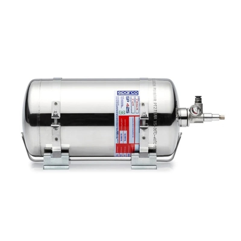 Sparco 4.25 liter electric fire extinguisher system featuring a red steel cylinder and activation components.
