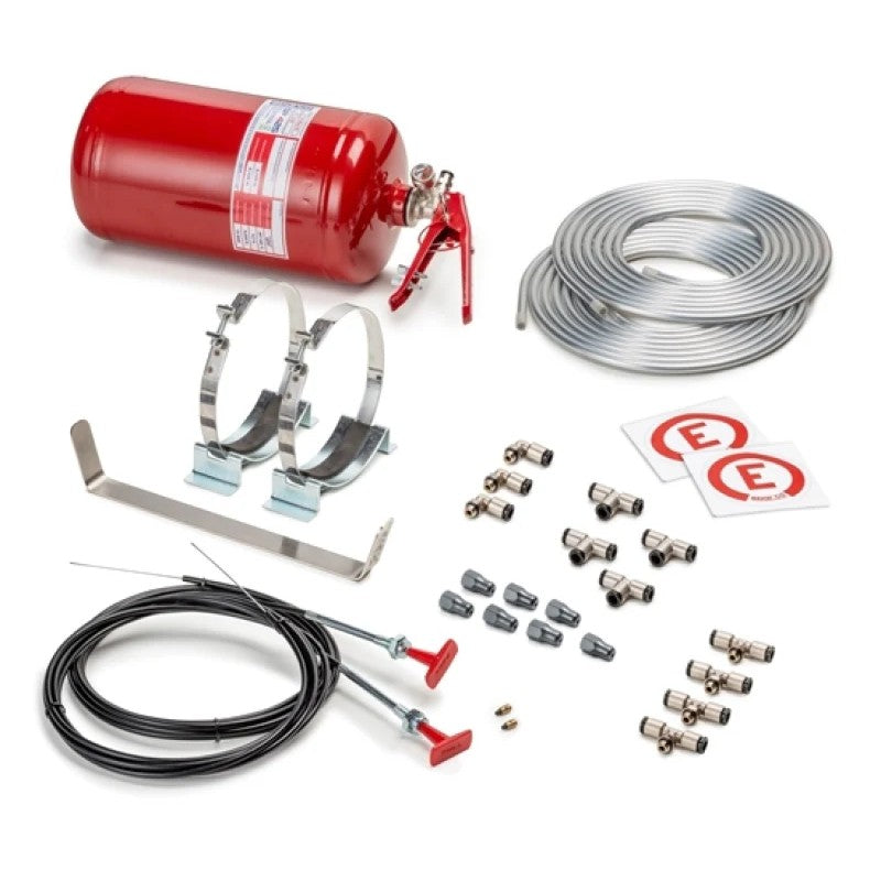 Sparco 4.25 Liter red steel fire extinguisher bottle with mechanical pull cables and discharge nozzles.