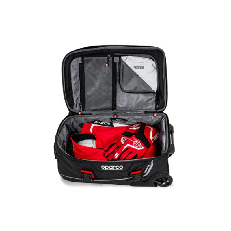 Black and silver Sparco Travel rolling gear bag with telescopic handle and reinforced wheels