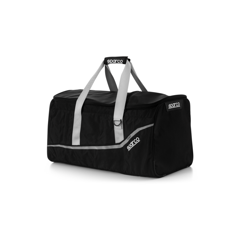 Sparco Trip gear bag in black and silver featuring reinforced carry handles and white Sparco logos.