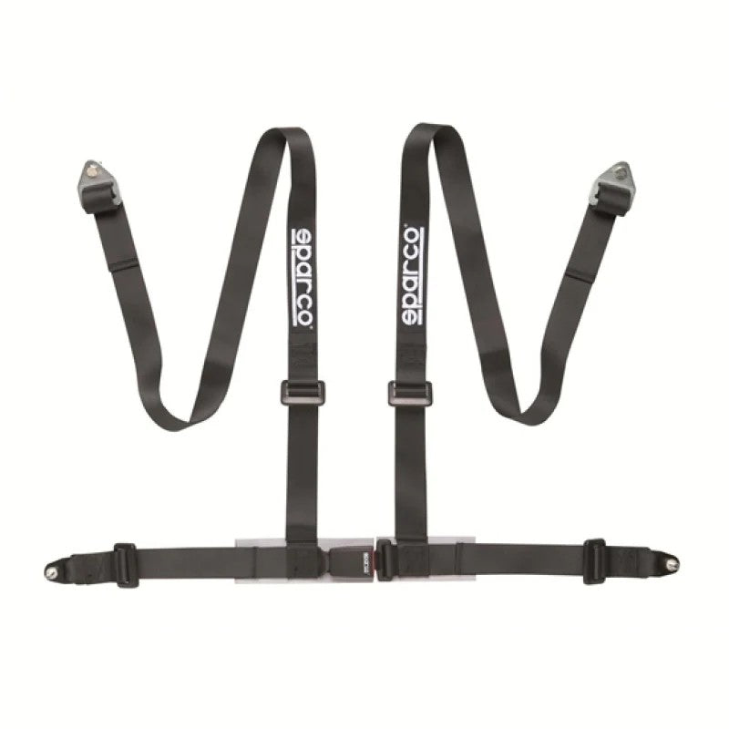Black Sparco 4-point racing harness featuring 2-inch straps and bolt-in mounting hardware.