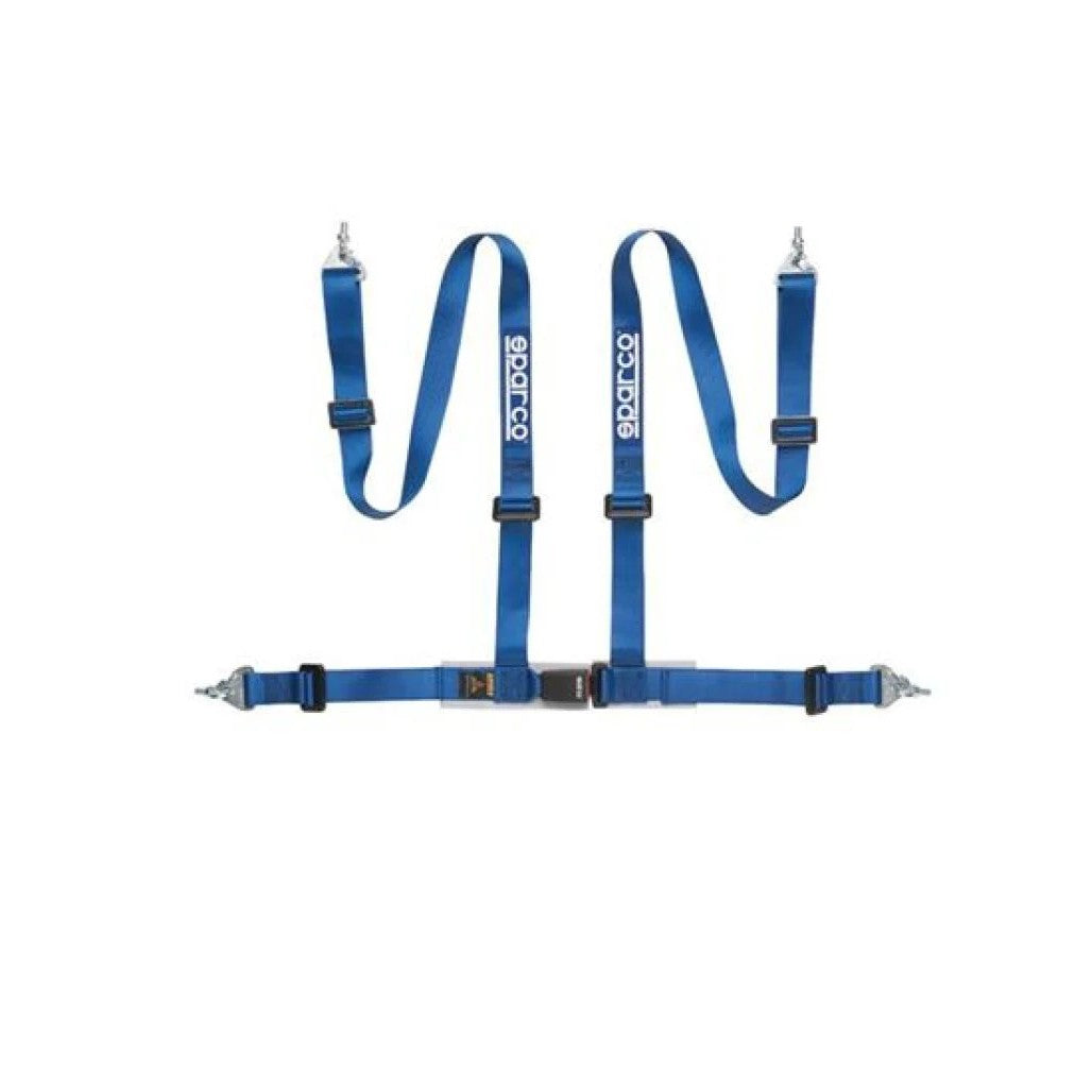 Blue Sparco 4-point harness belt with 2-inch straps and snap-in mounting hardware.