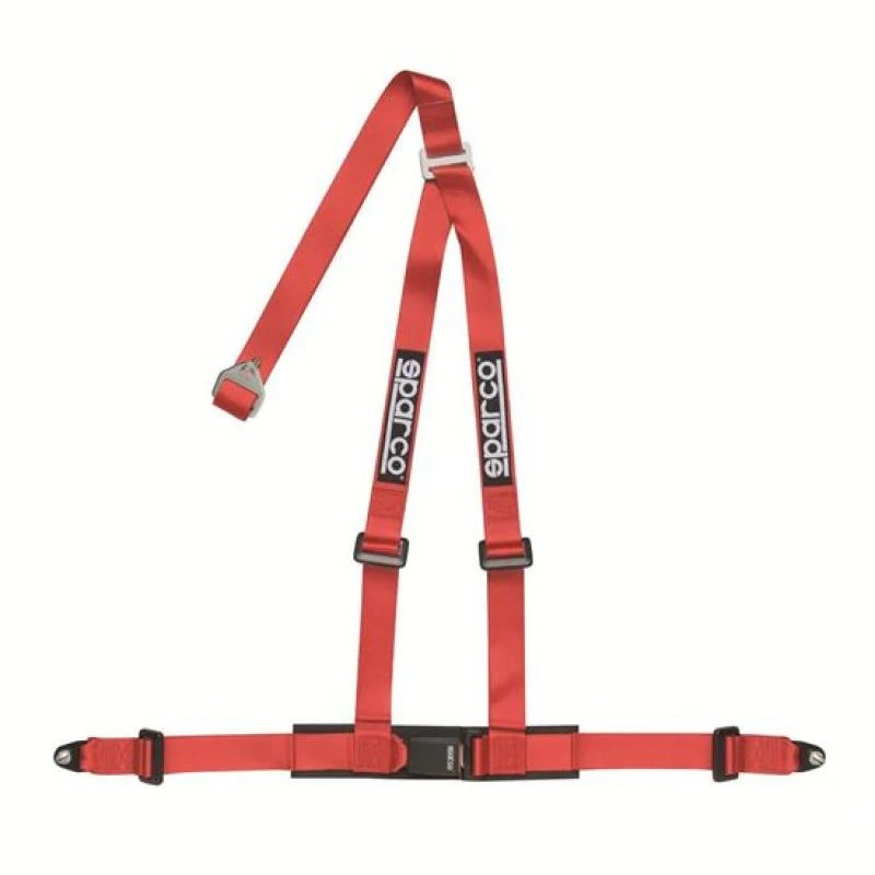 Red Sparco 3-point bolt-in seat belt harness with 2-inch straps and mounting hardware.