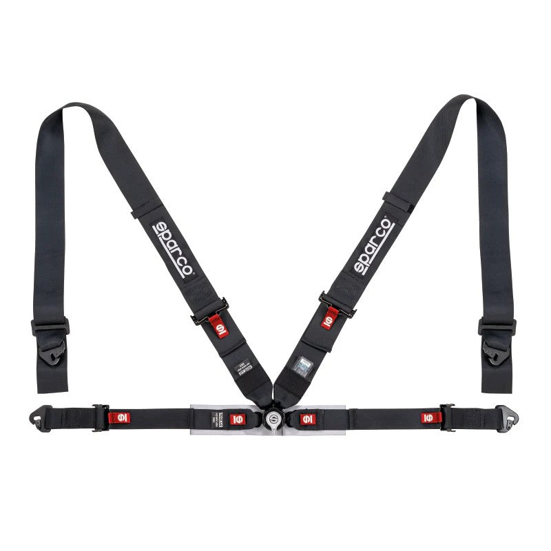 Black Sparco 4-point competition harness with 3-inch shoulder straps and 2-inch lap straps.