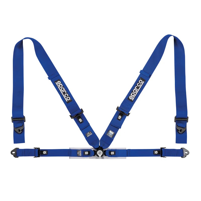 Blue Sparco 4-point competition harness with 3-inch shoulder straps and a central quick-release camlock buckle.