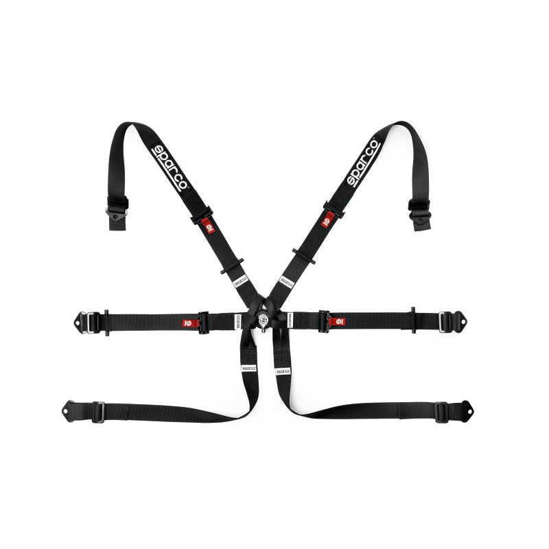 Sparco Formula 6-point racing harness in black featuring 2-inch straps and a central quick-release buckle.