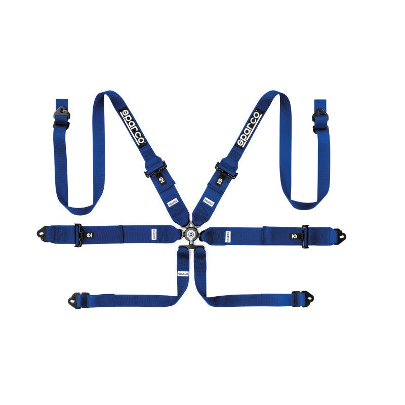 Sparco 6-point racing harness featuring steel adjusters and 3-inch to 2-inch tapered HANS-compatible shoulder straps.