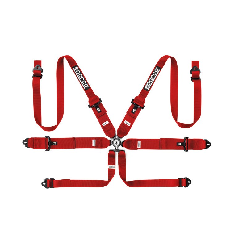 Sparco 6-point HANS racing harness featuring 3-inch to 2-inch tapered shoulder straps and steel adjusters.