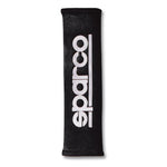 Black Sparco Alcantara seat belt pads with soft suede-like texture and embroidered logo for 2-inch belts.