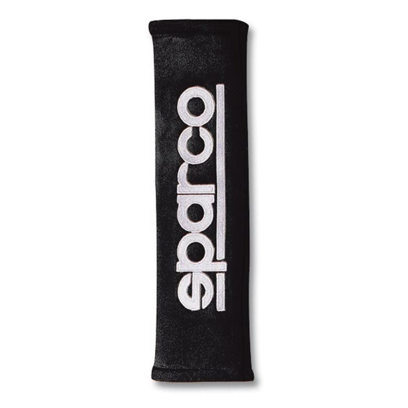 Black Sparco Alcantara seat belt pads with soft suede-like texture and embroidered logo for 2-inch belts.