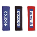 Blue Sparco racing seat belt pads with white logo for 3-inch wide harness straps