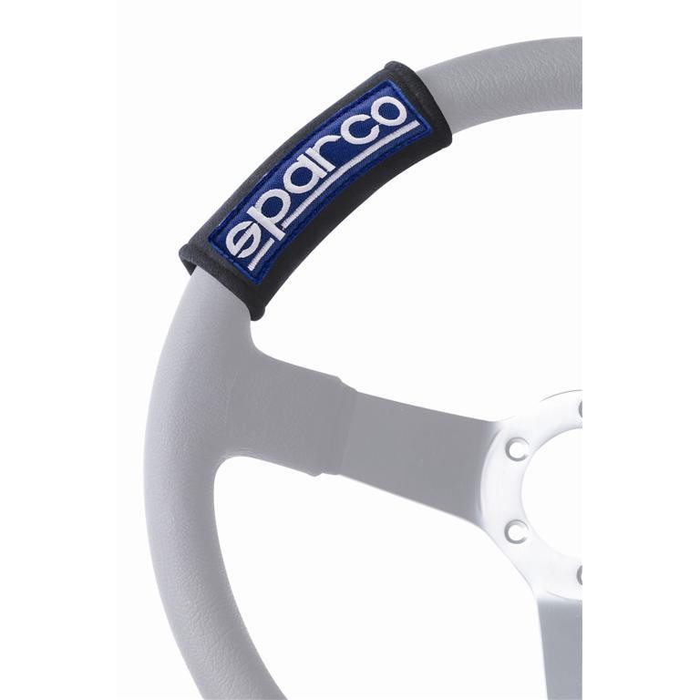 Pair of red Sparco Mini seat belt shoulder pads with white embroidered logos