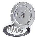 Sparco locking fuel cap featuring a brushed aluminum finish and integrated lock cylinder.