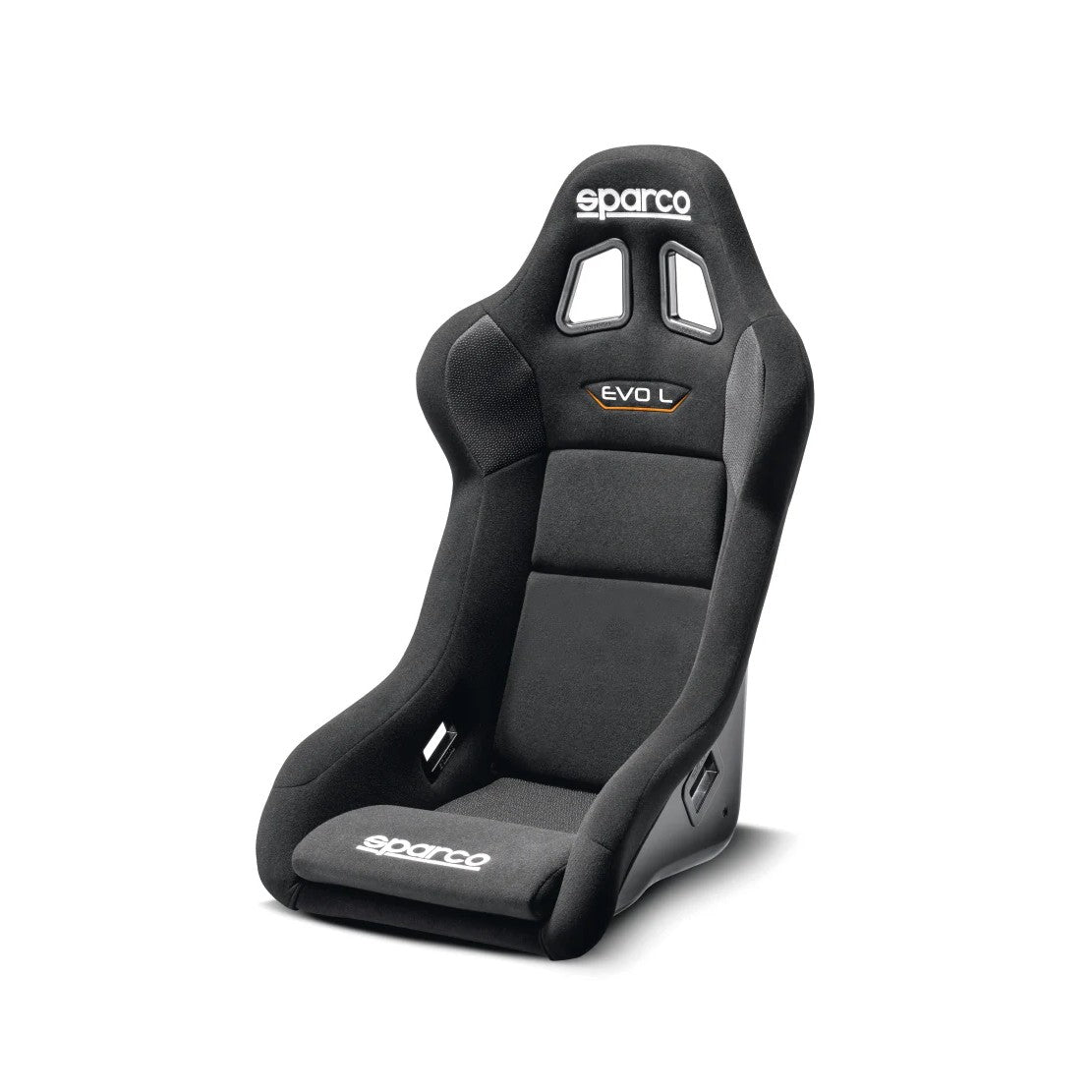 Sparco Evo L gaming seat in black fabric featuring high side bolsters and integrated shoulder harness slots