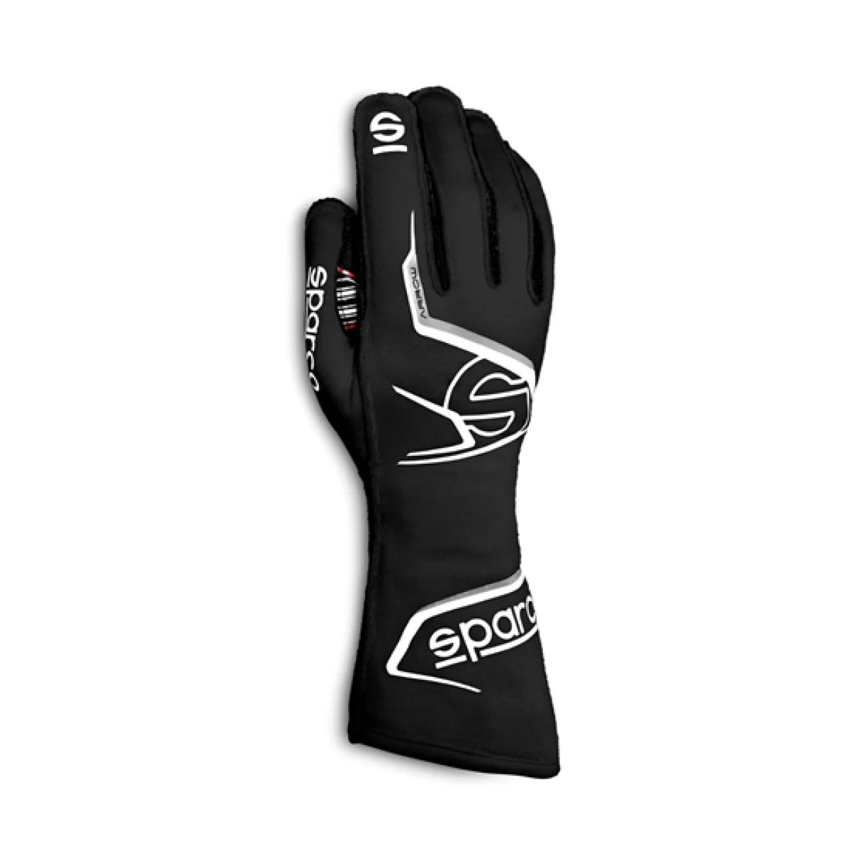 Pair of Sparco Arrow 11 professional racing gloves in black with white accents and textured palm grip.