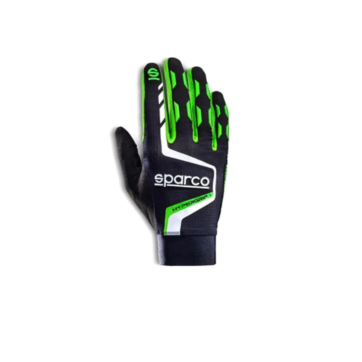Sparco Hypergrip+ sim racing gloves in black and green showing the specialized palm grip and lightweight fabric.