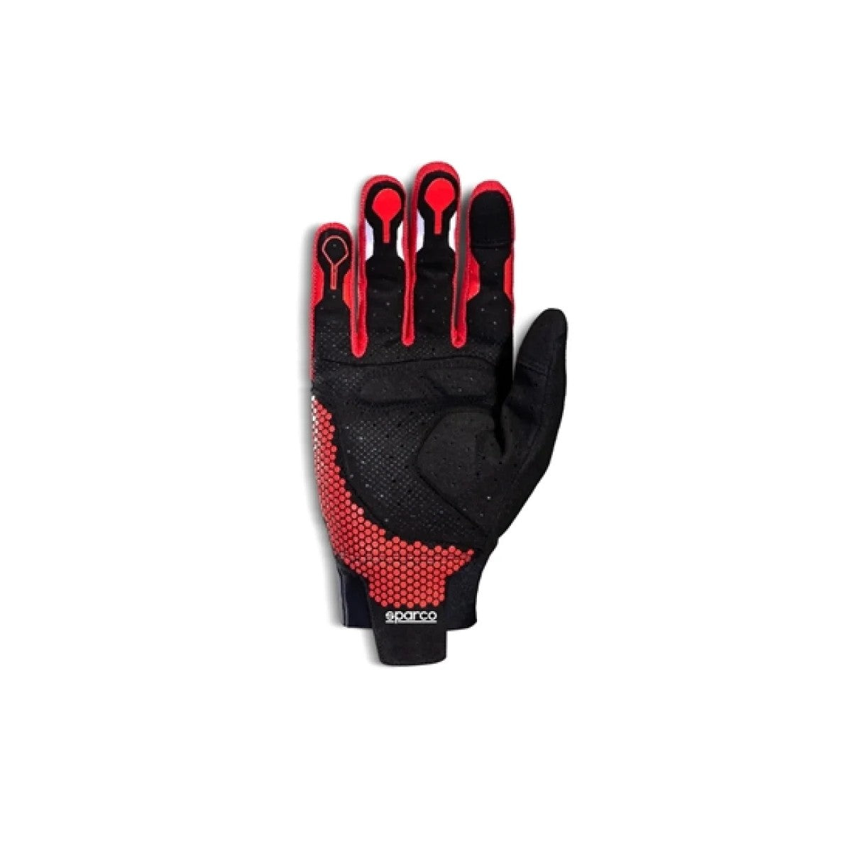 Sparco Hypergrip+ sim racing gloves in black and red featuring micro-perforated palms and touch-sensitive fingertips.