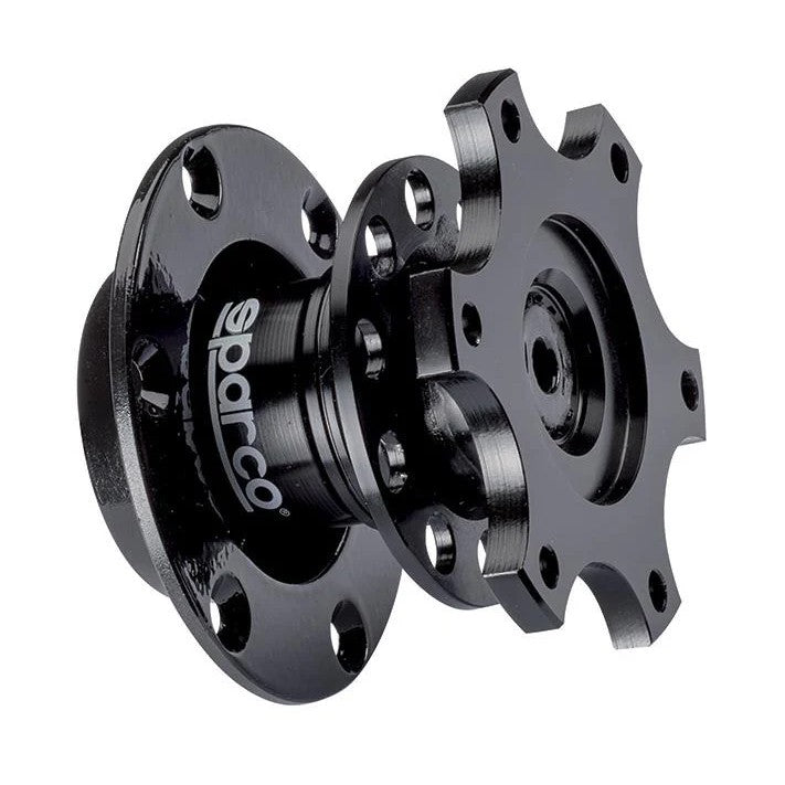Sparco 015002 steering wheel mounting kit featuring six black countersunk bolts and a hex wrench.