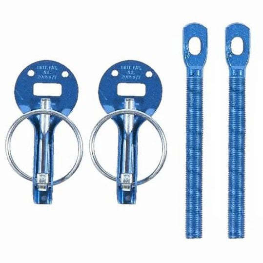 Blue anodized Sparco hood pin with mounting scuff plate and hardware