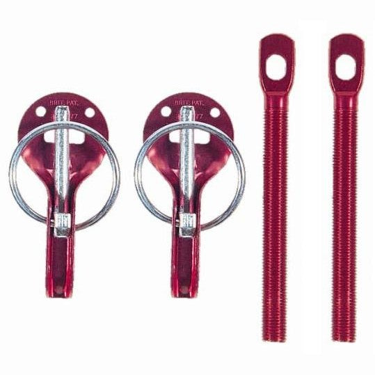 Red anodized aluminum Sparco hood pin kit including pins, scuff plates, and mounting hardware.