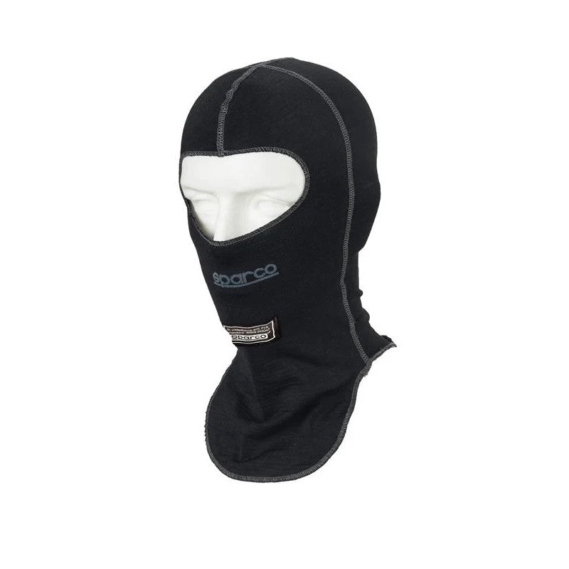 Black Sparco RW-9 fire-retardant racing balaclava with flat-seam construction and face opening.