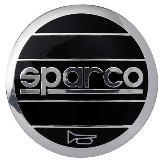 Small yellow Sparco horn button with black logo and rear single-wire electrical contact.