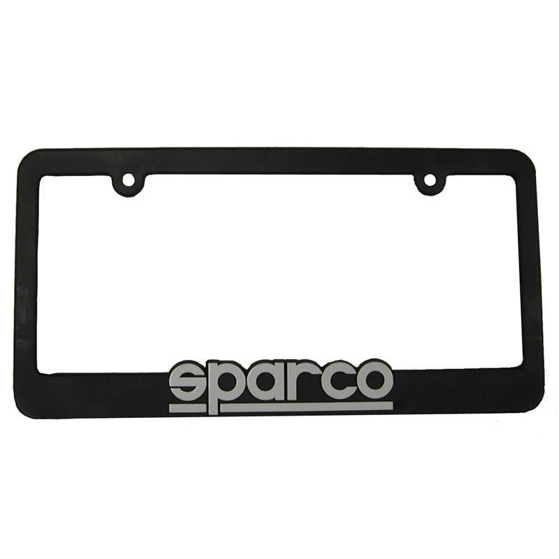 Black plastic license plate frame featuring the white Sparco logo at the base.