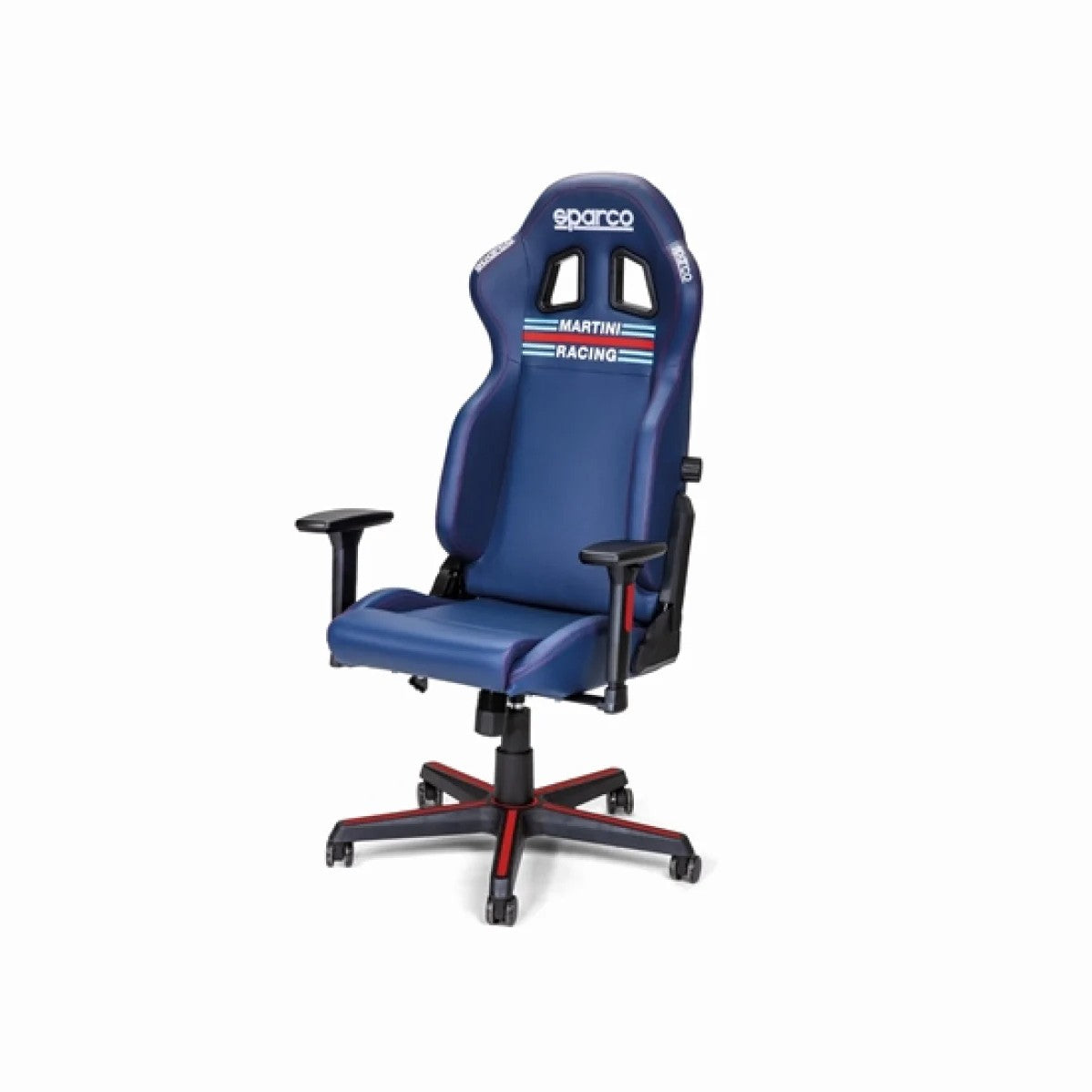 Sparco Icon Martini-Racing office chair in black with iconic blue and red racing stripes.