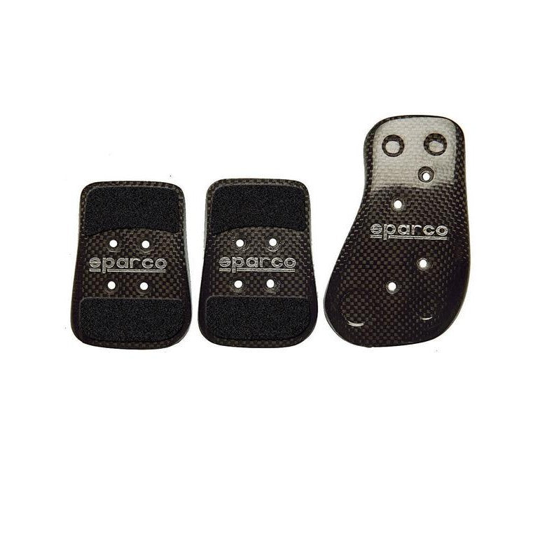 Sparco Carbon Fiber Racing Pedal Set featuring three pedals with mounting hardware and Sparco branding.