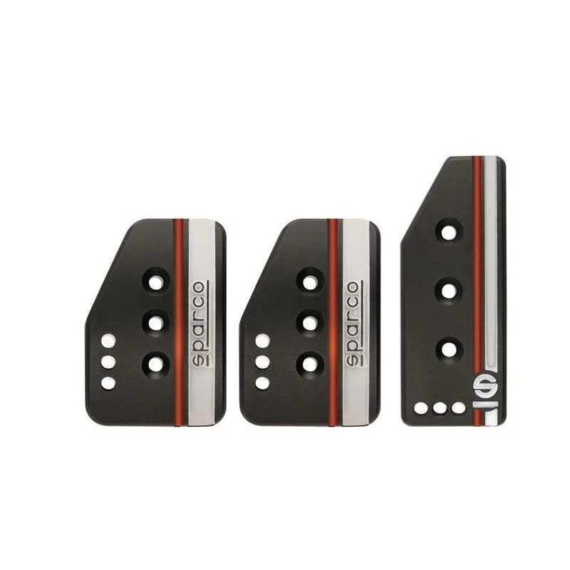 Sparco Settanta Short three-piece pedal set in black aluminum with perforated vertical grip slots.