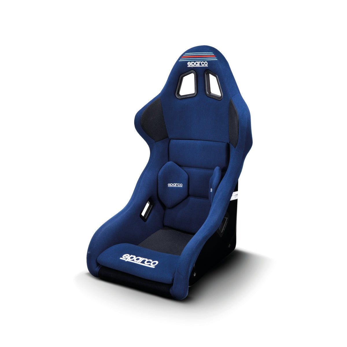 Sparco Pro 2000 QRT fiberglass competition seat in Navy Blue with Martini Racing stripes