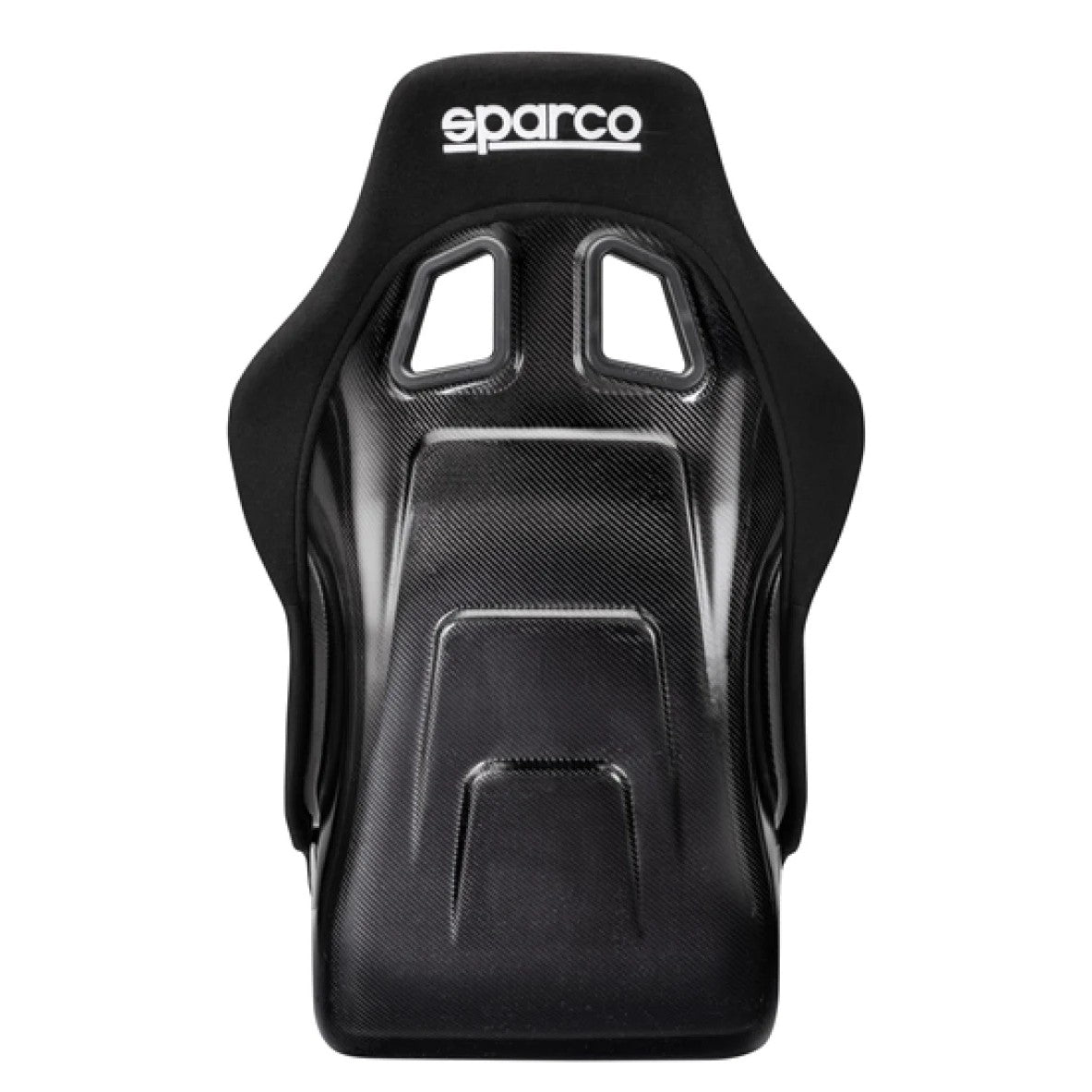 Sparco QRT-C carbon fiber racing seat in black fabric with exposed gloss carbon fiber shell back.