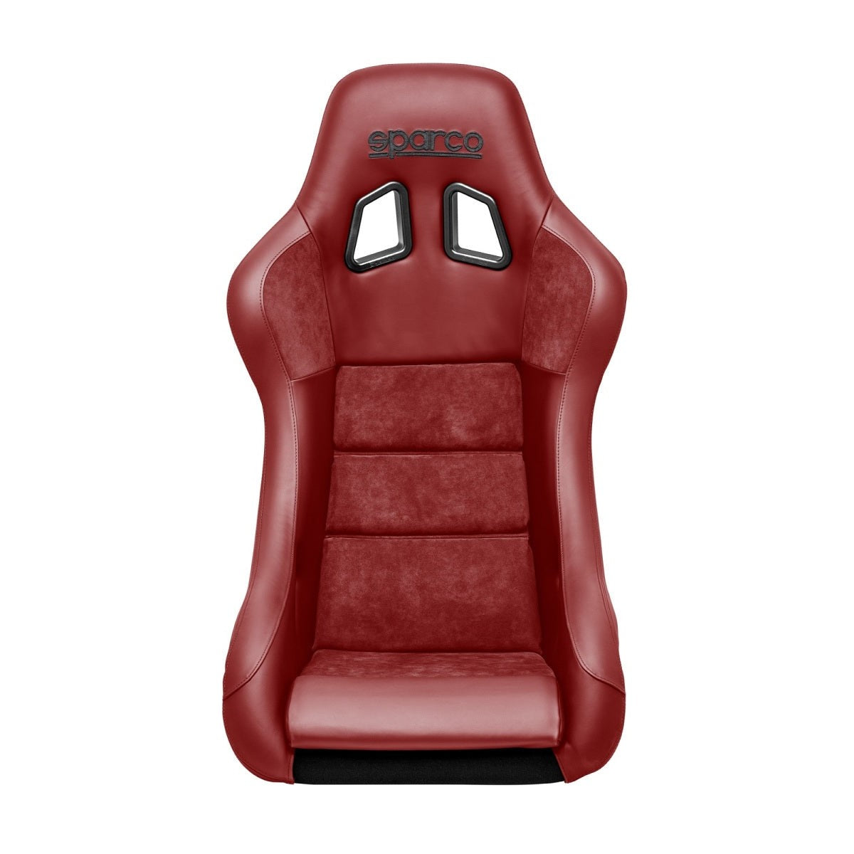 Red Sparco QRT Performance racing seat featuring leather bolsters and Alcantara center inserts with harness pass-throughs.