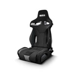 Sparco R333 reclining street seat in black and grey upholstery with deep side bolsters and harness pass-throughs.