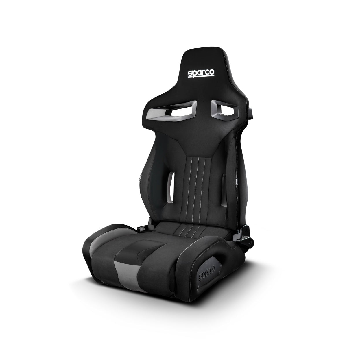 Sparco R333 reclining street seat in black and grey upholstery with deep side bolsters and harness pass-throughs.