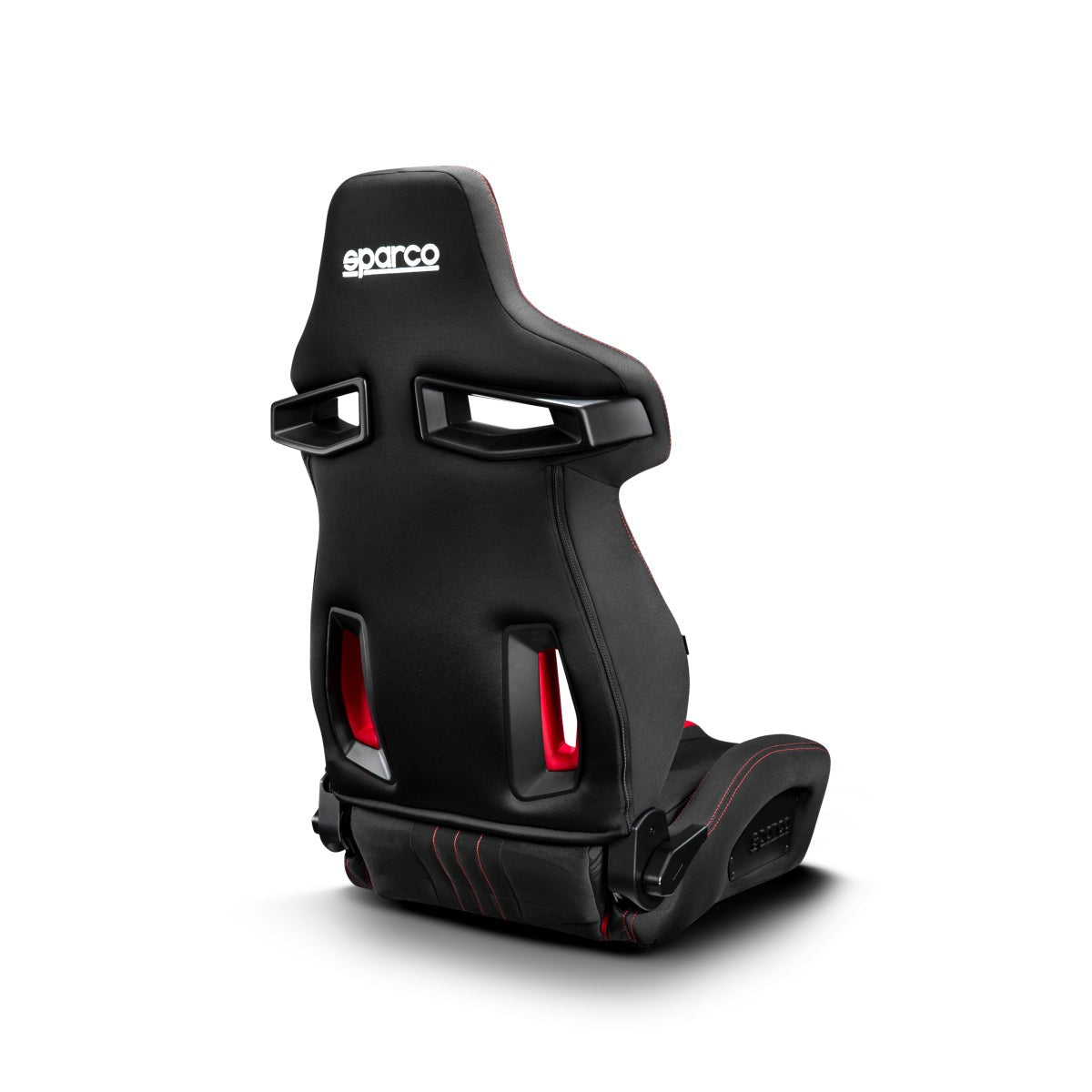 Sparco R333 reclining street seat upholstered in black and red fabric showing lateral bolsters and harness slots.
