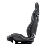 Left-side Sparco SPX reclining performance seat featuring black leather bolsters and Alcantara center inserts.