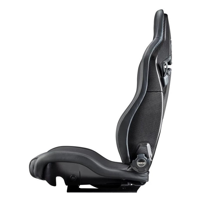 Left-side Sparco SPX reclining performance seat featuring black leather bolsters and Alcantara center inserts.