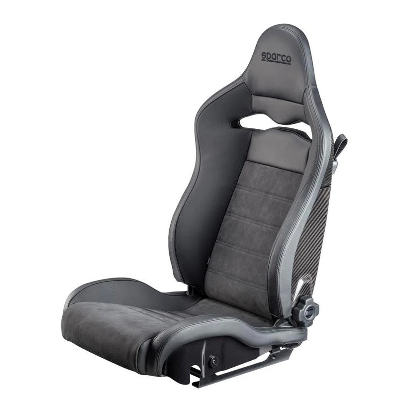 Sparco SPX reclining performance seat upholstered in black leather and Alcantara for the right side position.