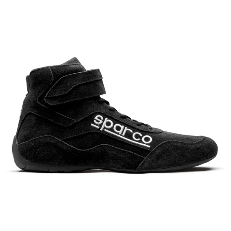 Black Sparco Race 2 mid-cut racing shoes with white branding and secure lace-up closure.