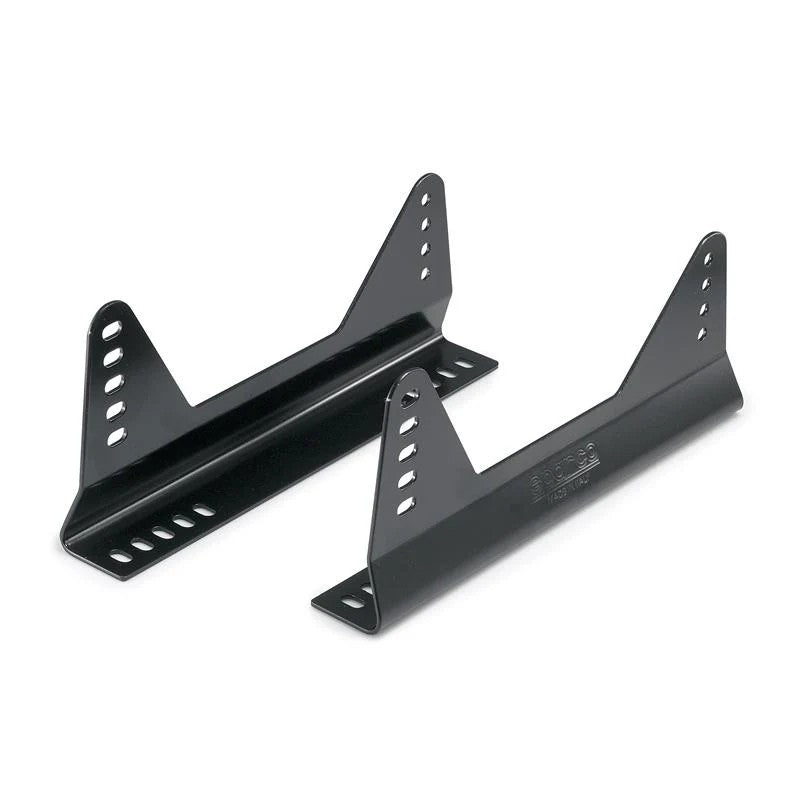 Black aluminum Sparco 90-degree side mount seat brackets featuring multiple adjustment slots for racing seat installation.