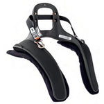 Black Sparco Stand21 Club III frontal head restraint in size large with orange sliding tethers and black shoulder padding.