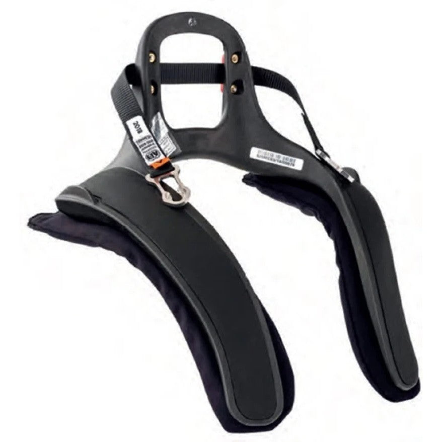 Black Sparco Stand21 Club III Frontal Head Restraint device with orange sliding tethers.