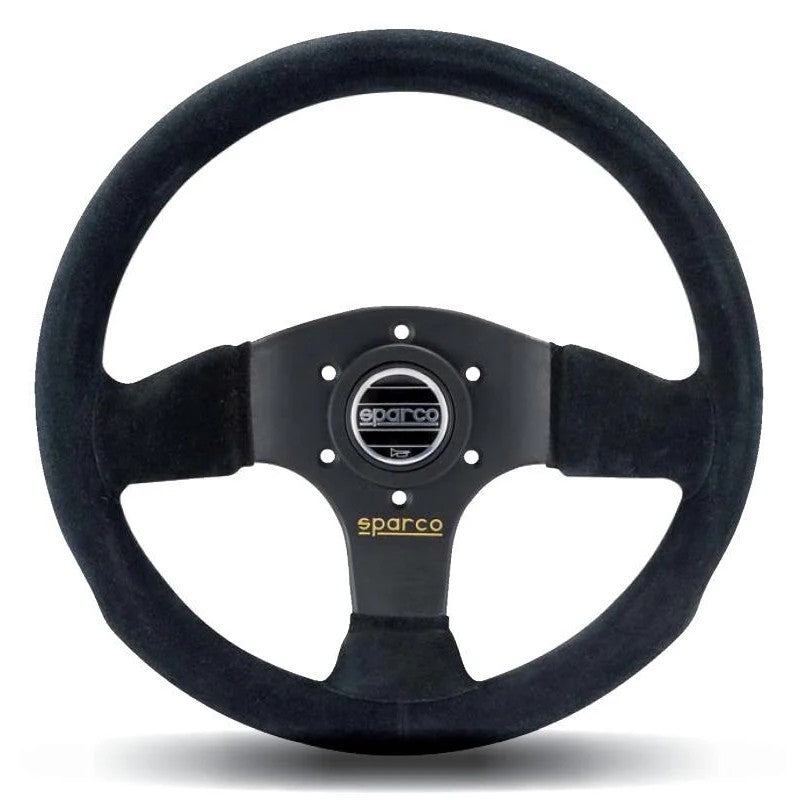Sparco 300 Series three-spoke competition steering wheel in black suede with center horn button