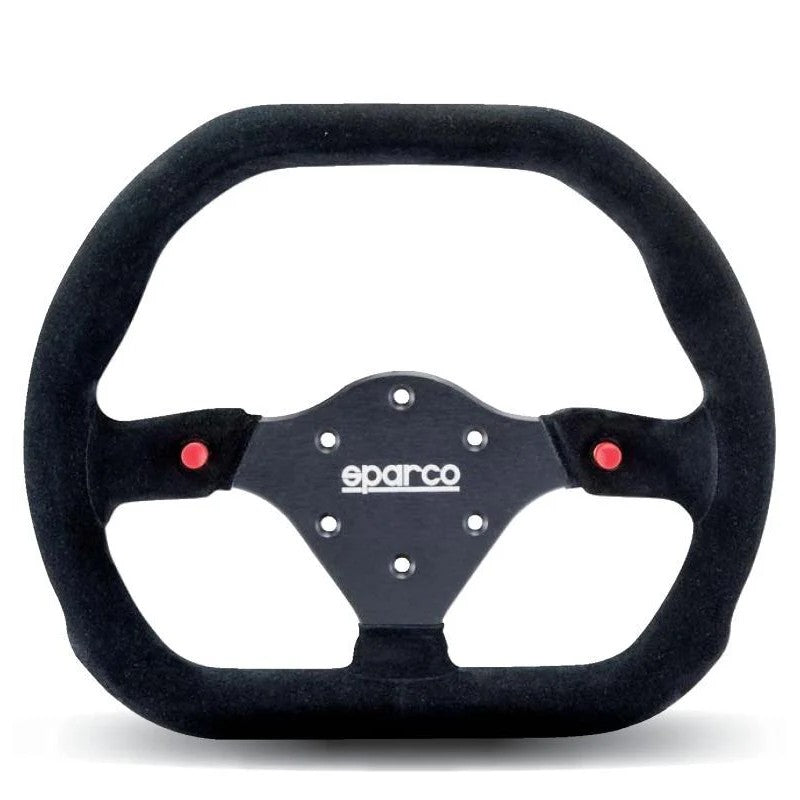 Sparco 310x260mm formula-style steering wheel featuring a black suede grip and black three-spoke center.