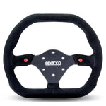Sparco 310x260mm formula-style steering wheel featuring a black suede grip and black three-spoke center.